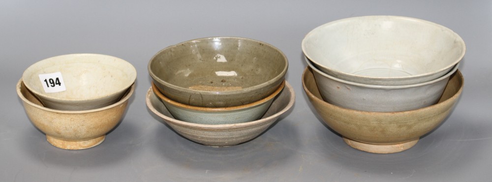 Eight Chinese qingbai type and celadon bowls, Song-Ming dynasties